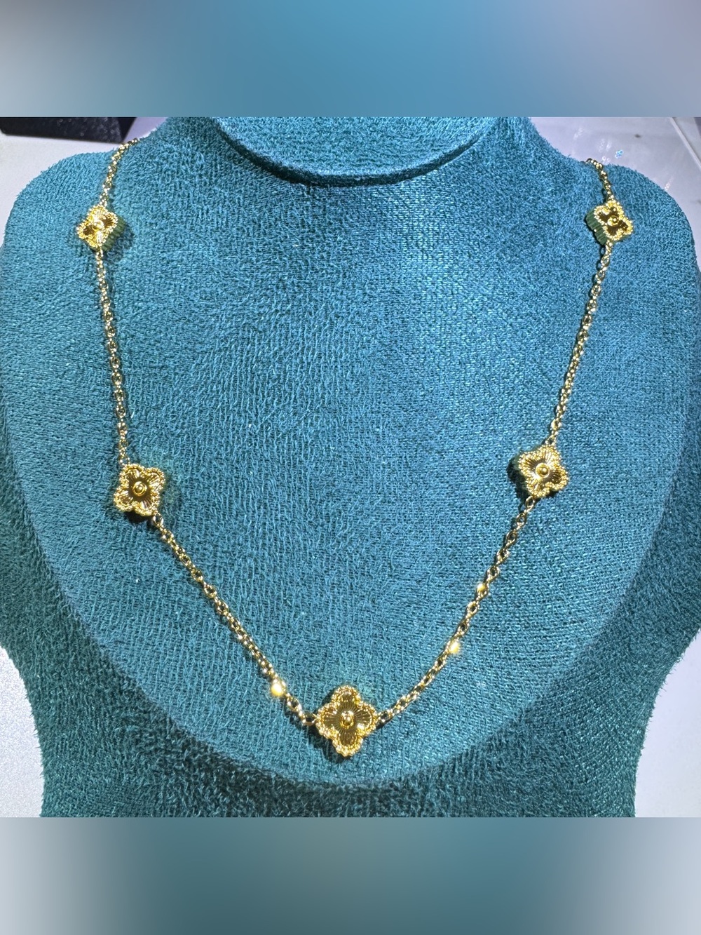 Gold Clover Station Necklace – Adjustable Long Chain